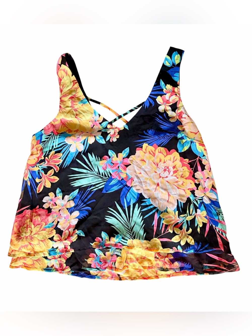 Candy’s Soft Flare Layered Multicolored Tropical Print Tank-Top Size S